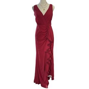 Badgley Mischka Red Ruffle Pom Pom Gown V-Neck Sleeveless Maxi Dress Size 2